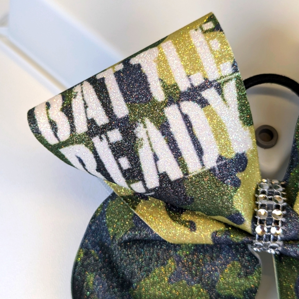 🎃 "Battle Ready" Camouflage Glittery Hair Bow Tie Handmade Army Mom - Picture 2 of 5